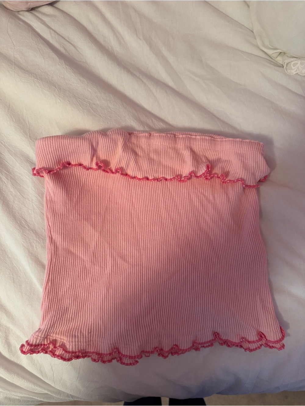 Free People Pink Ribbed Tube Top with Ruffle Trim